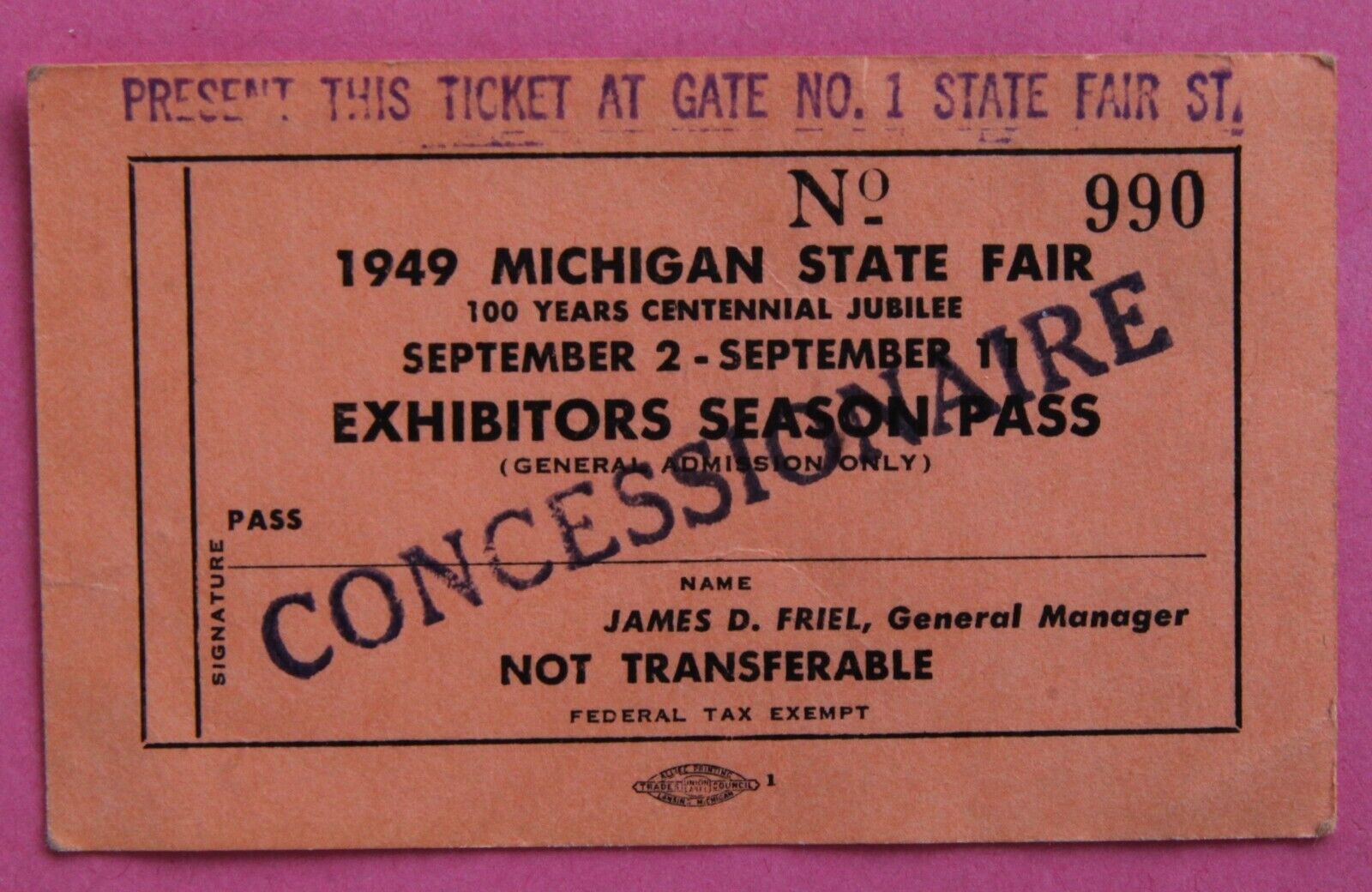 Michigan State Fair Rare 1949 Exhibitors Season Pass Ticket Concessionaire