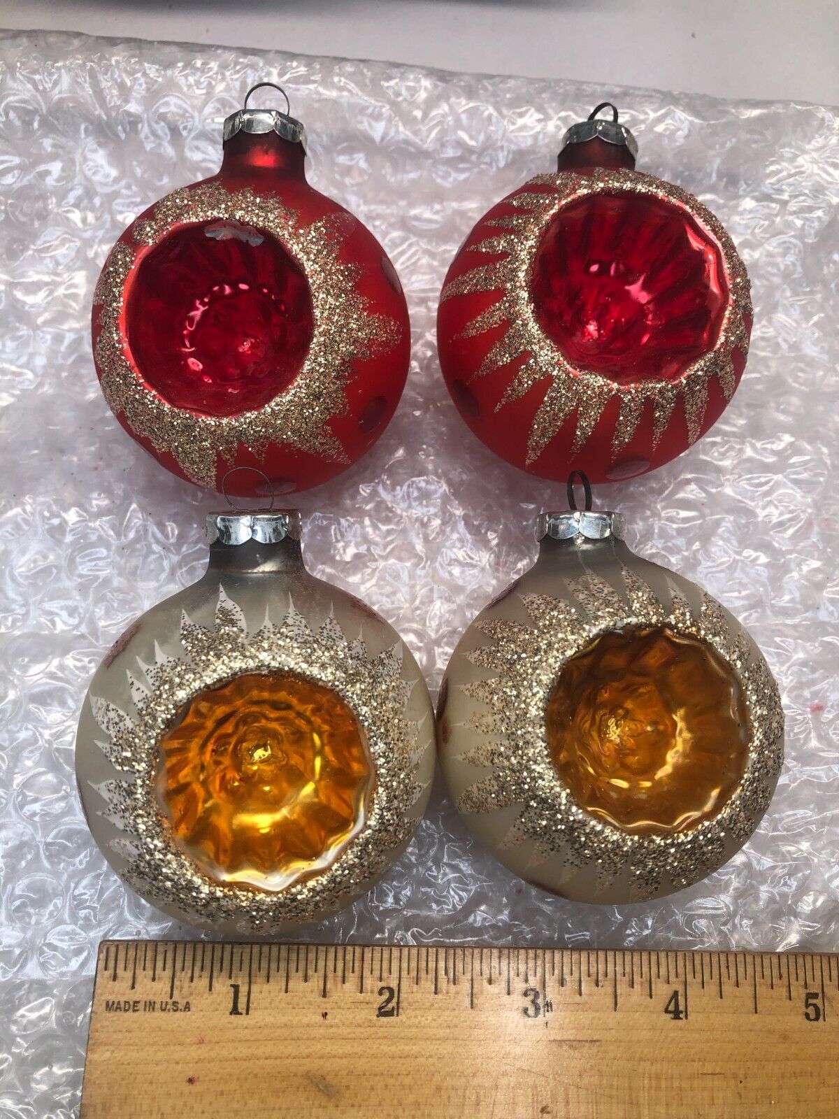 Vintage East Germany Mercury Glass Christmas Ornament Red & Gold Indent Lot of 4