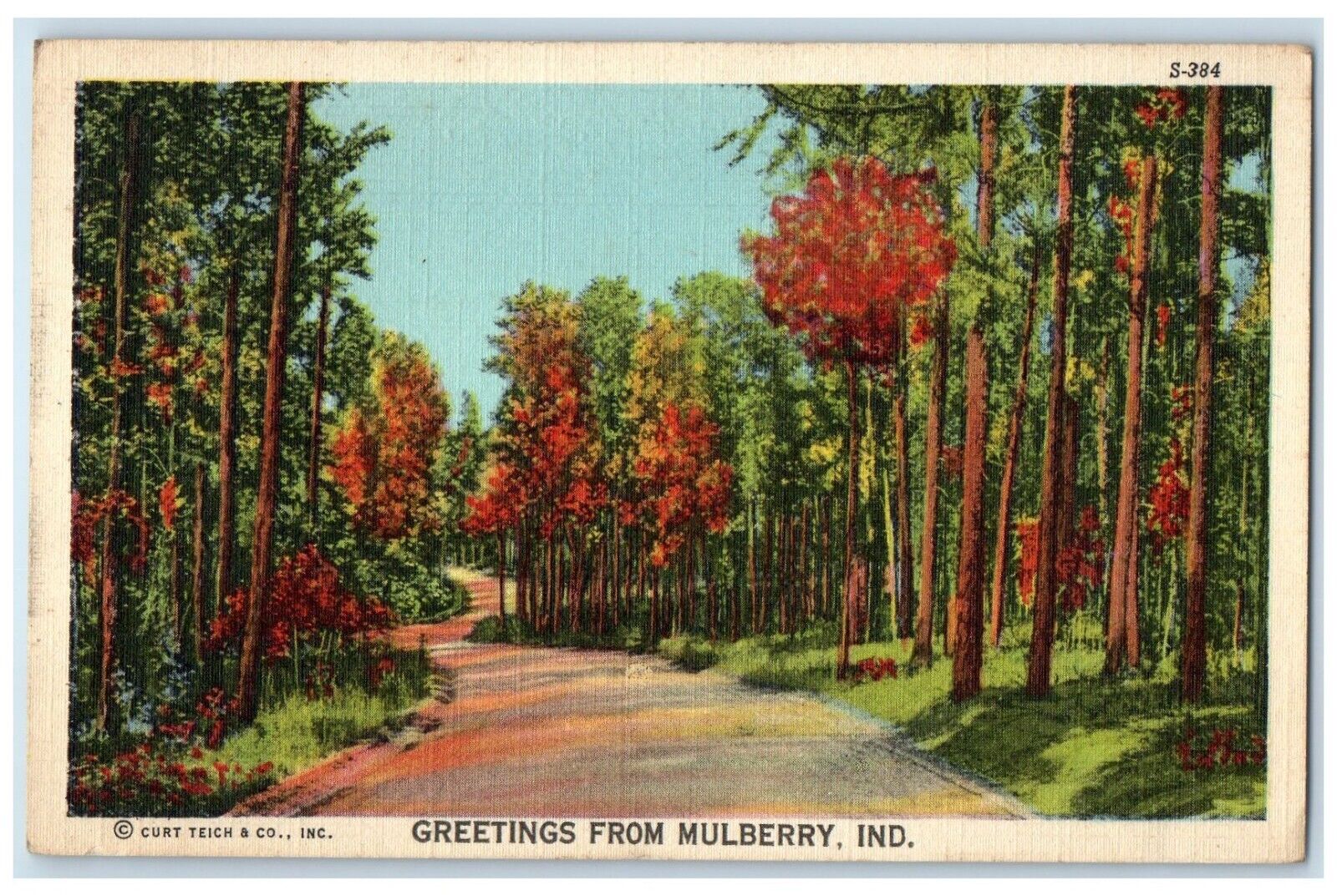 c1930's Greetings From Mulberry Indiana IN, Road View Vintage Postcard