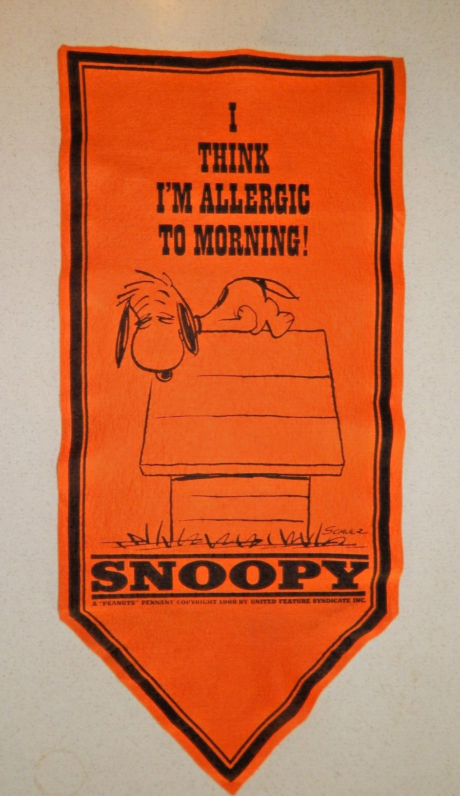 Rare Vintage  Peanuts Snoopy  ORANGE Felt Banner Pennant Flag 1968 (CW12)