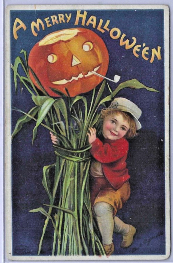 1910 Halloween Postcard A Merry Halloween - Boy Corn Stalk JOL- Ellen Clapsaddle
