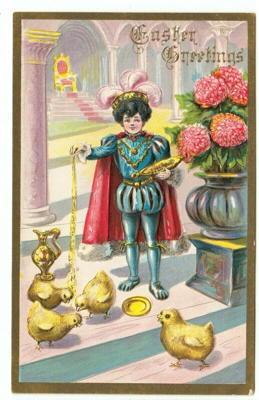 Antique Easter Postcard Little Prince Knight Child Chicks Castle Throne Embossed