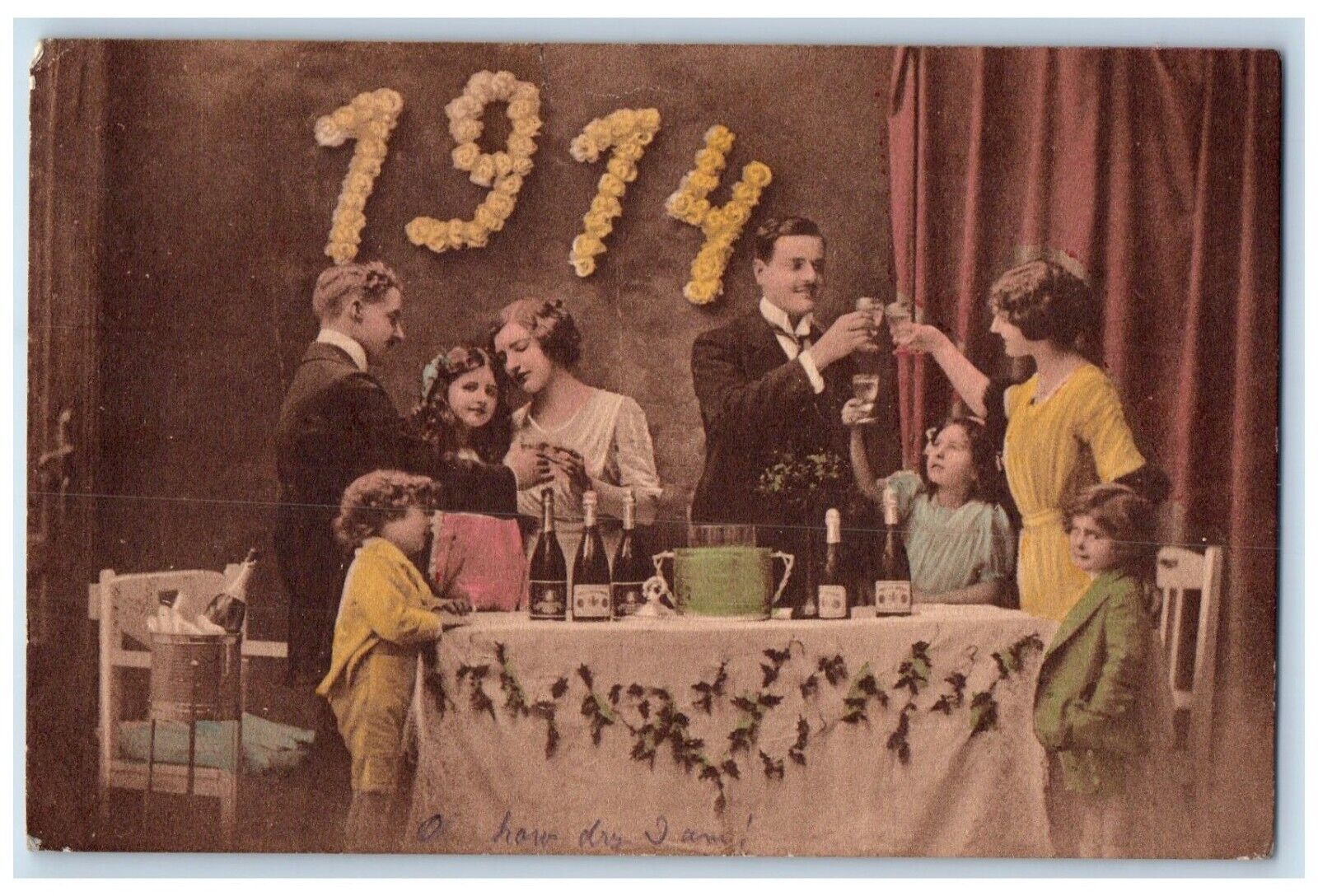 1913 Family Celebration Drinking Champagne Norway Posted Antique Postcard