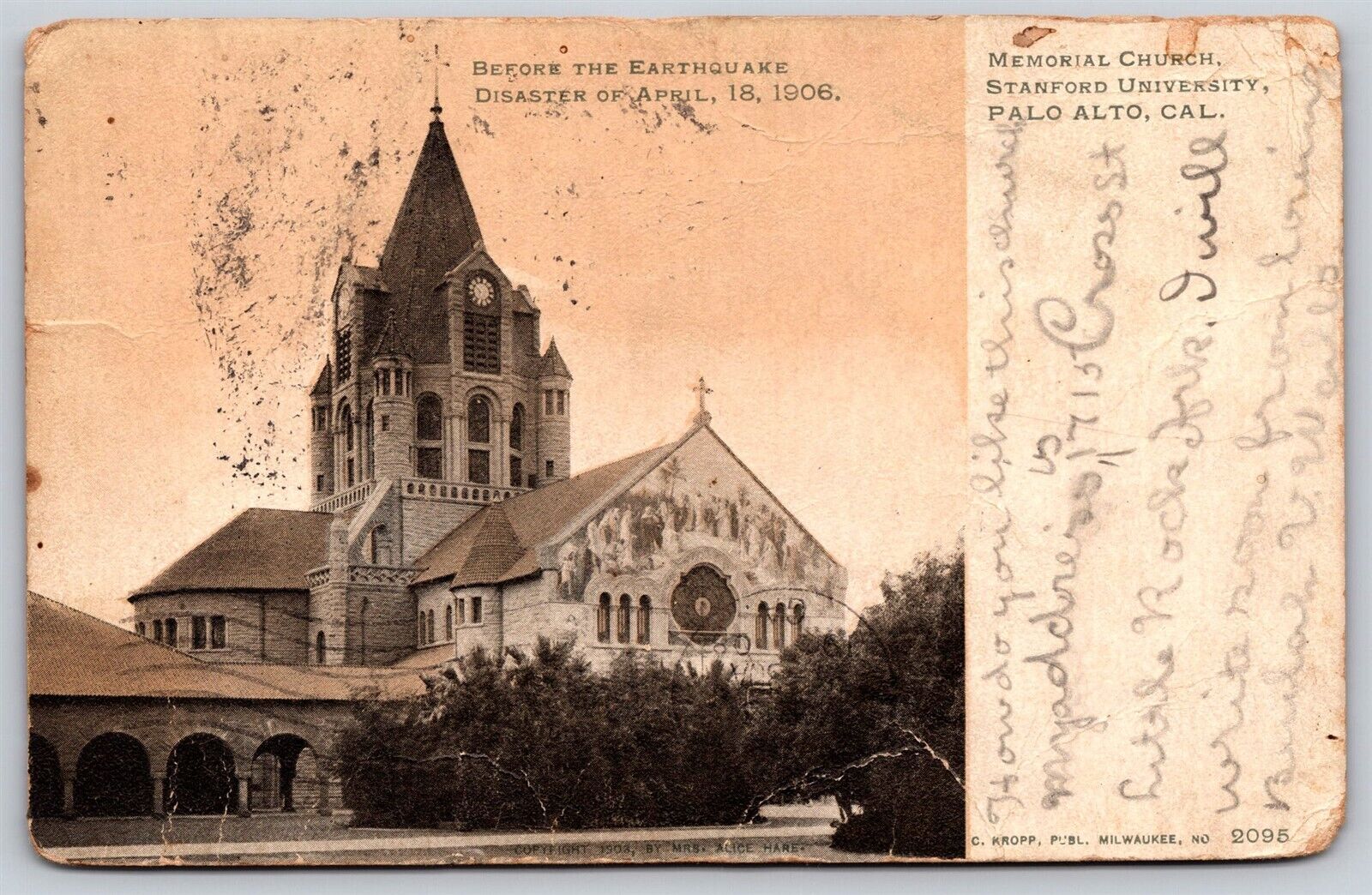 Postcard Memorial Church, Stanford Univ. California before Earthquake T154
