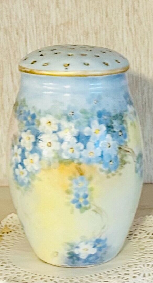 Antique Bavarian Powdered Sugar Shaker Blue Porcelain w/ White Flowers