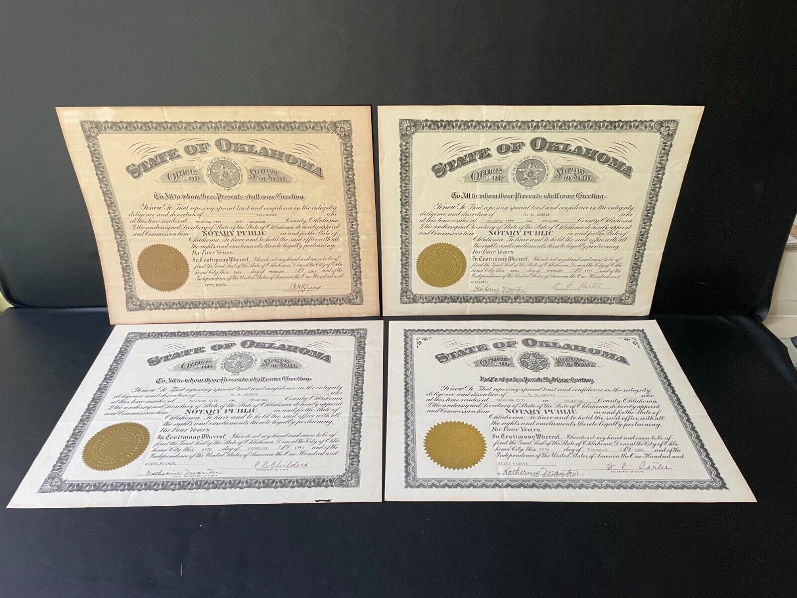 4 Vtg W.R. Harris Notary Public Certificates ~ 1930\'s/40\'s ~ State of Oklahoma ~