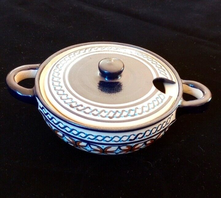 Mexican Stoneware Sugar Bowl w/Cover and Handles, Colors:Blue and Tan
