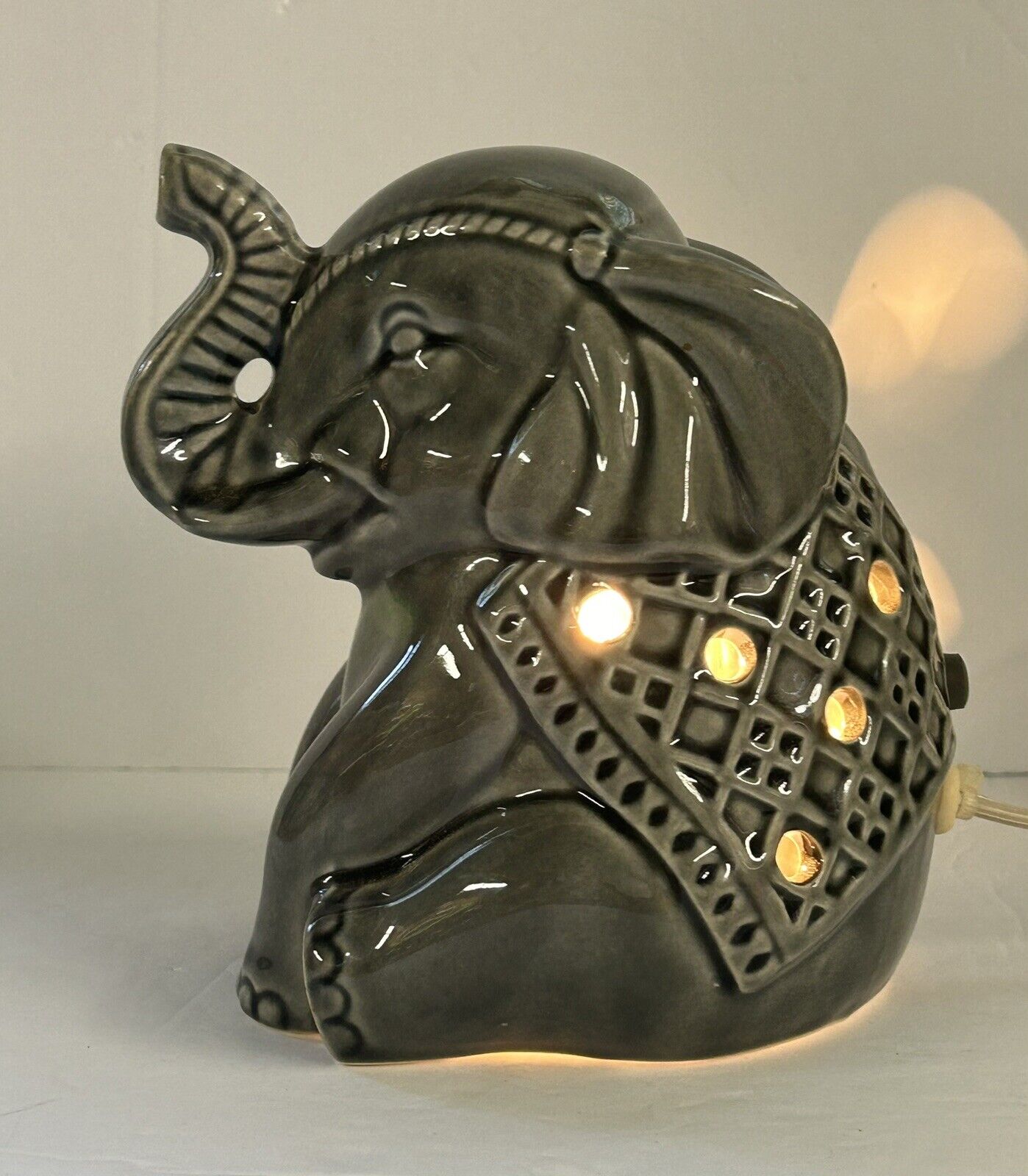 Ceramic Elephant Lucky Trunk Up Tabletop NightLight with On/Off Switch