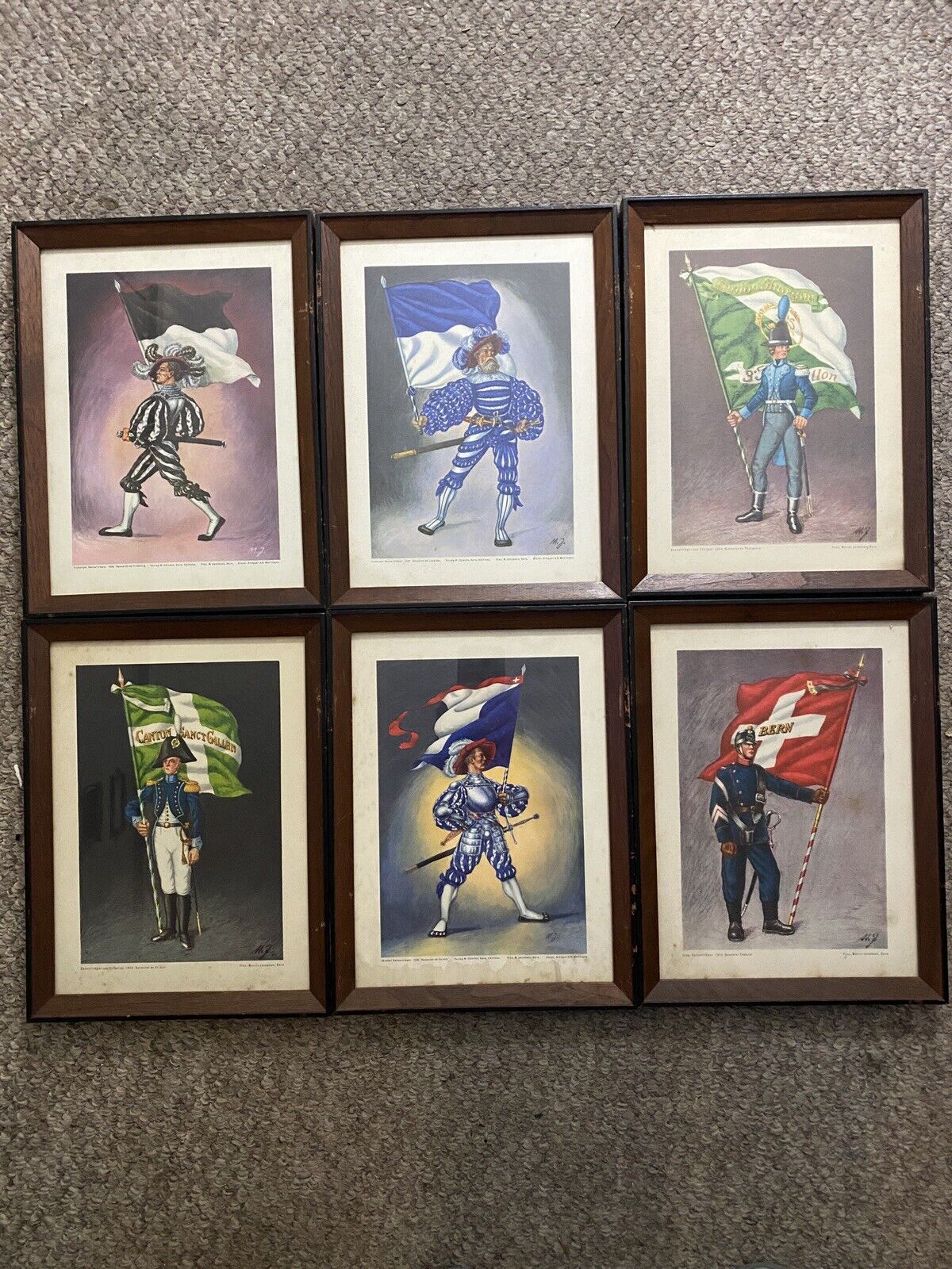 Lot of 6 Old Prints Of Soldiers With Flag From Switzerland Framed