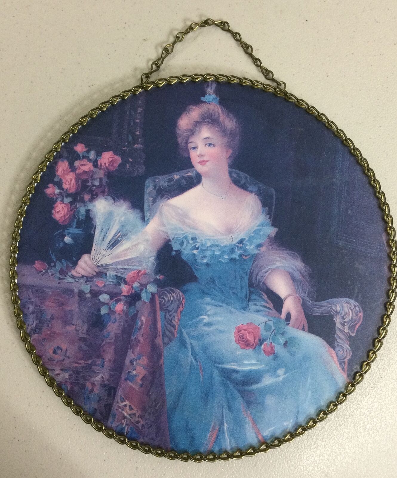 Antique Victorian German Lady In Blue Dress, Flue Cover, 8 1/2” Wide (C-6)