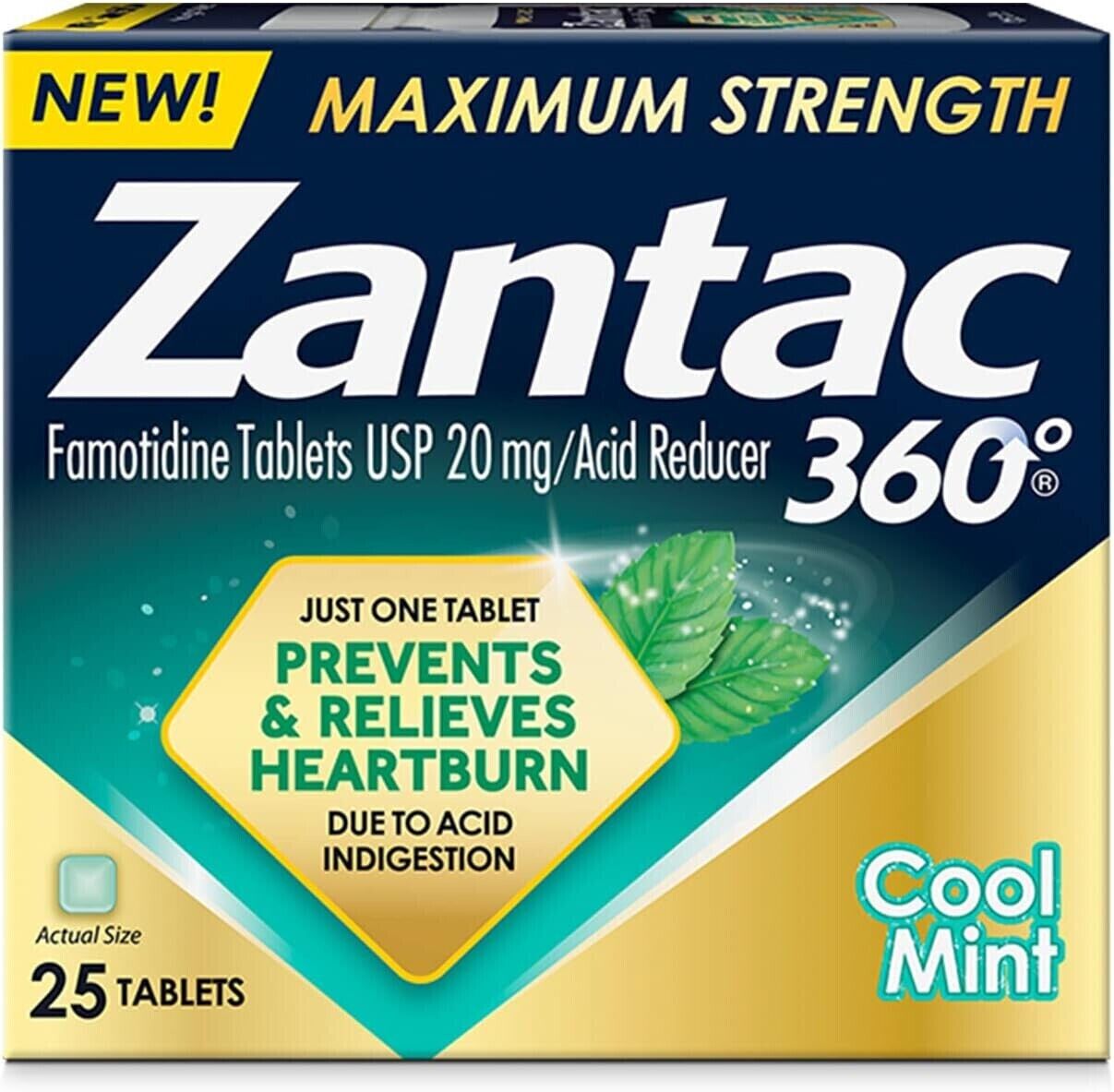 Zantac 360 Maximum Strength Famotidine 20mg Heartburn, 25 ct Cool Mint ex2/2025