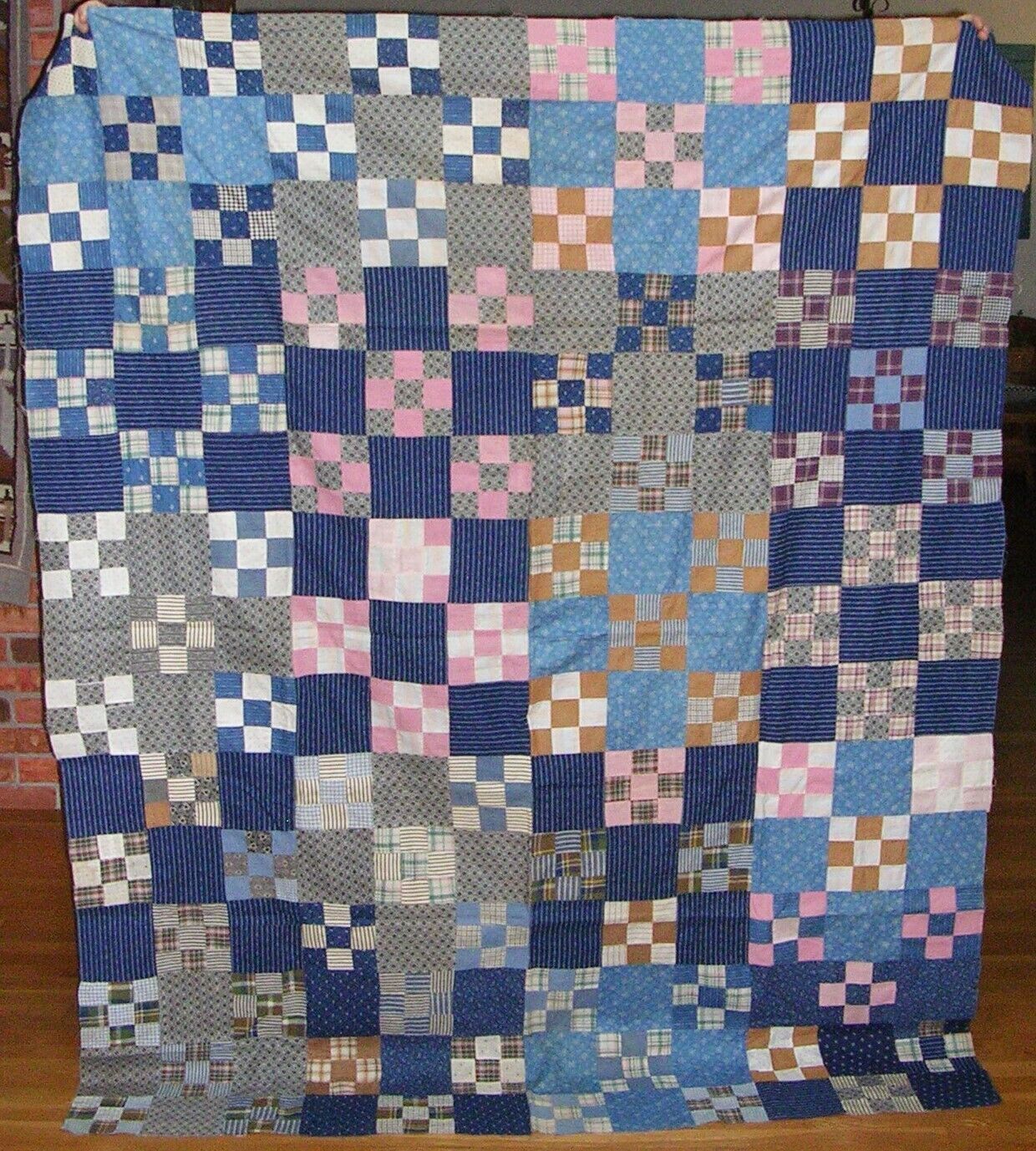 Antique Nine Patch Quilt Top Indigo Blue Calico Plaid Patchwork Nicely Made