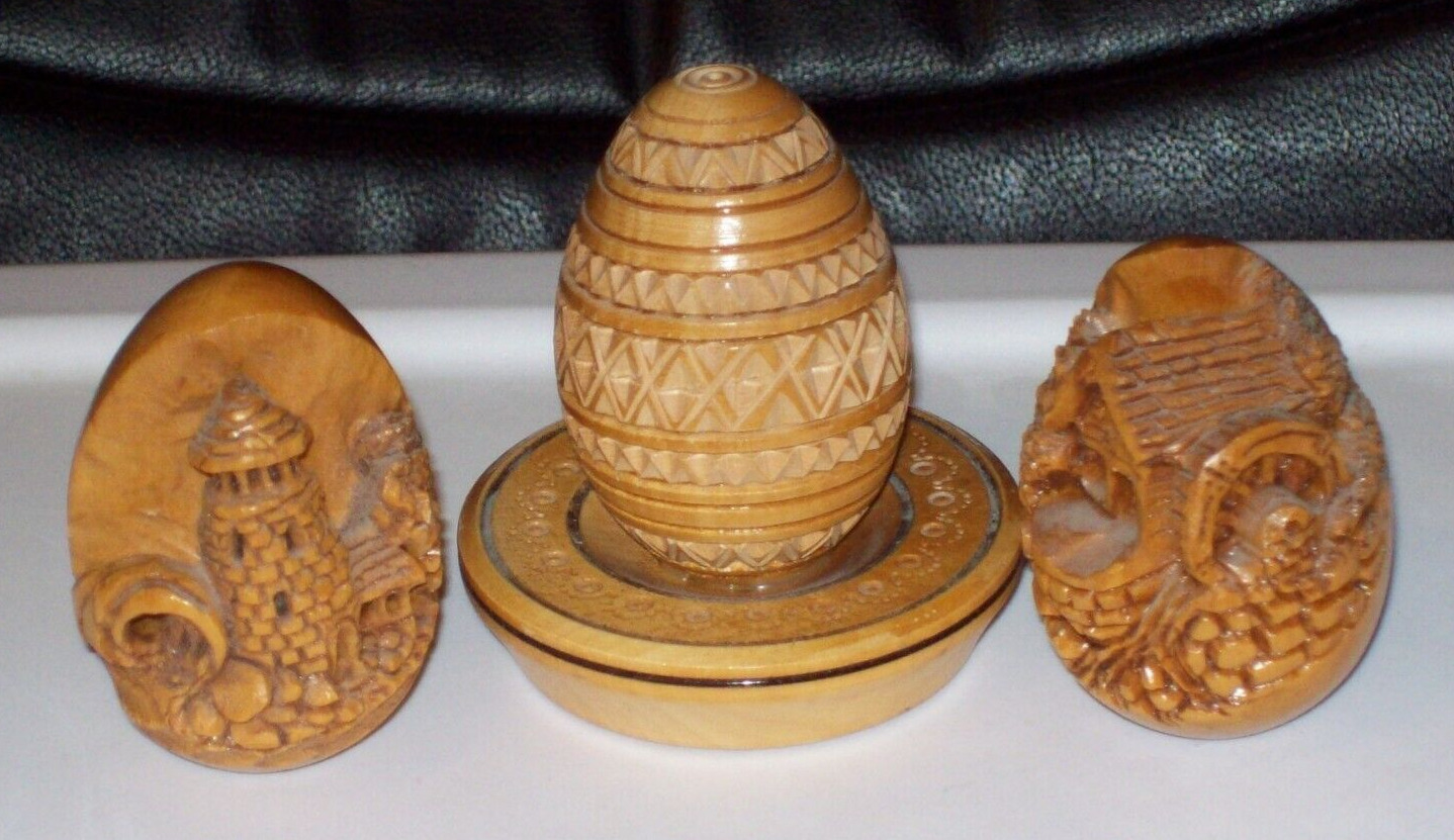 3 Vintage Carved Rustic Wooden Eggs ~ Cabin Scene ~ Lighthouse ~ on Plate