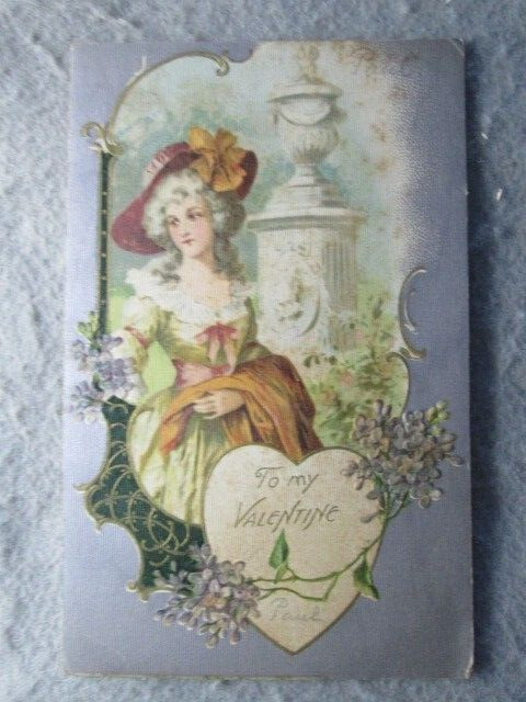 Antique To My Valentine Postcard, Woman In Victorian Dress, Silver Background
