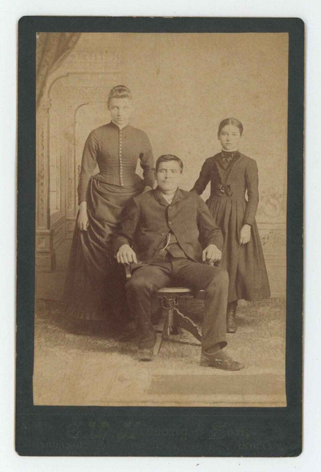 Antique Circa 1880s Cabinet Card Husband, Wife & Daughter Hissong La Grange, IN