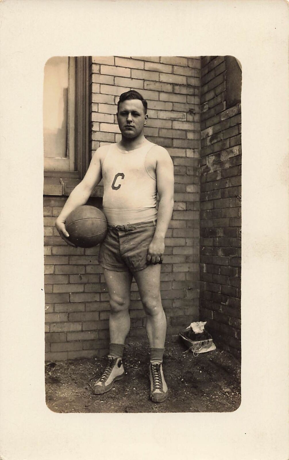 1929 RPPC Calvary Basketball Single Player Photo Real Postcard Sneakers Cons 