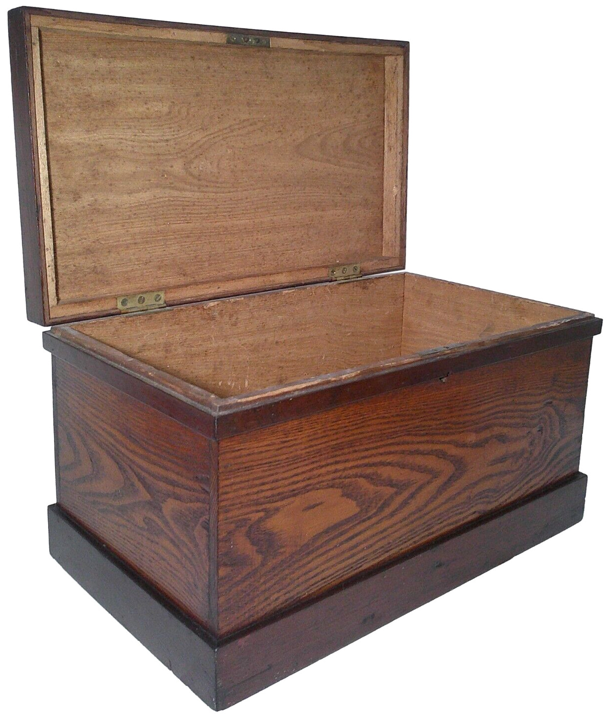 MID-LATE 19TH C NEW ENGLAND PRIMITIVE ANTIQUE LACQUERED OAK WOOD BOX, W/HNGD LID