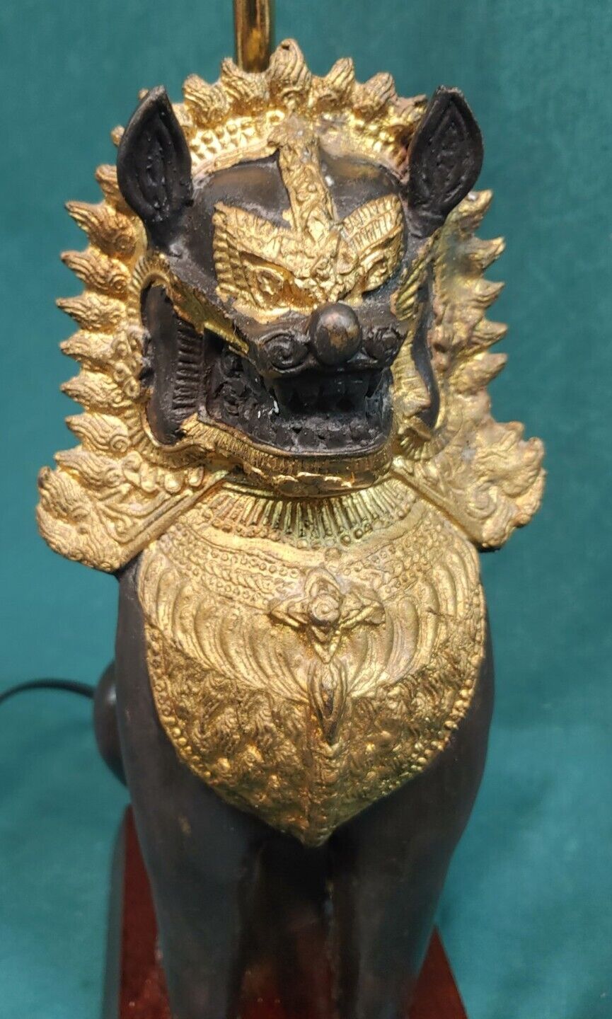 Vintage Brass Figure Statue Sculpture Asian Thai Singha Temple Lion Lamp Light 