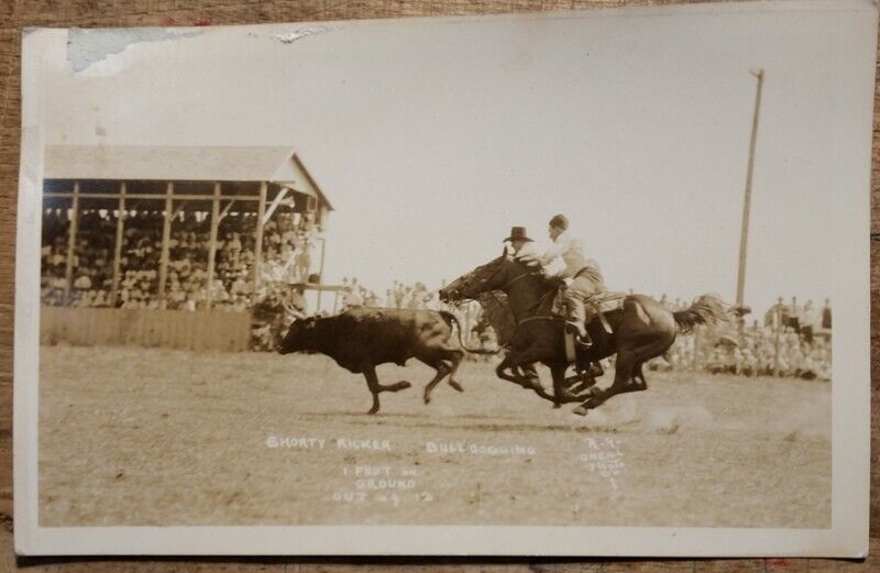 1935 Shorty Ricker Rodeo Bull Dogging Wolf Point MT RPPC O\'Neill Photo PC