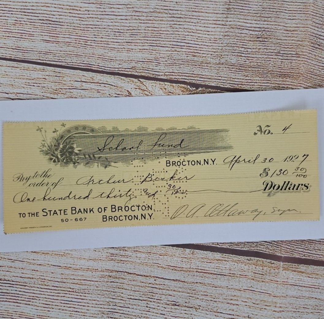 Antique Cancelled Check 1927 State Bank of Brocton School Fund Arthur Becker #4
