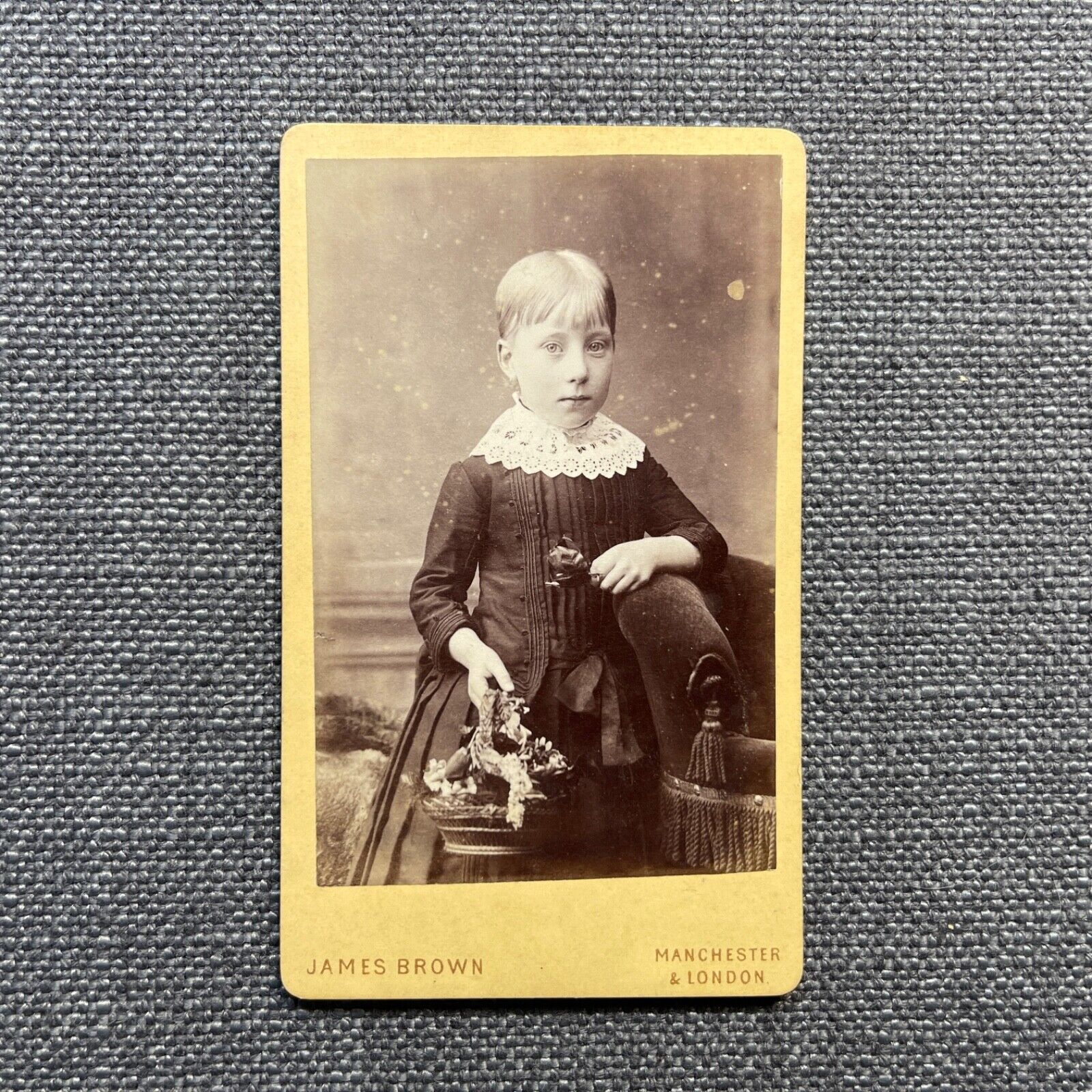 CDV Photo Antique Portrait Young Girl in Dark Dress with Lace Collar Basket UK