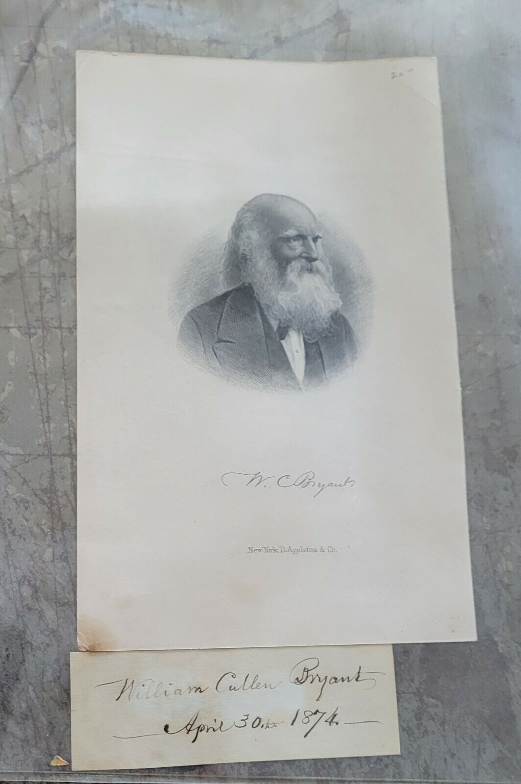 William Cullen Bryant Autograph card 4-30 1874 plus engraving of his likeness