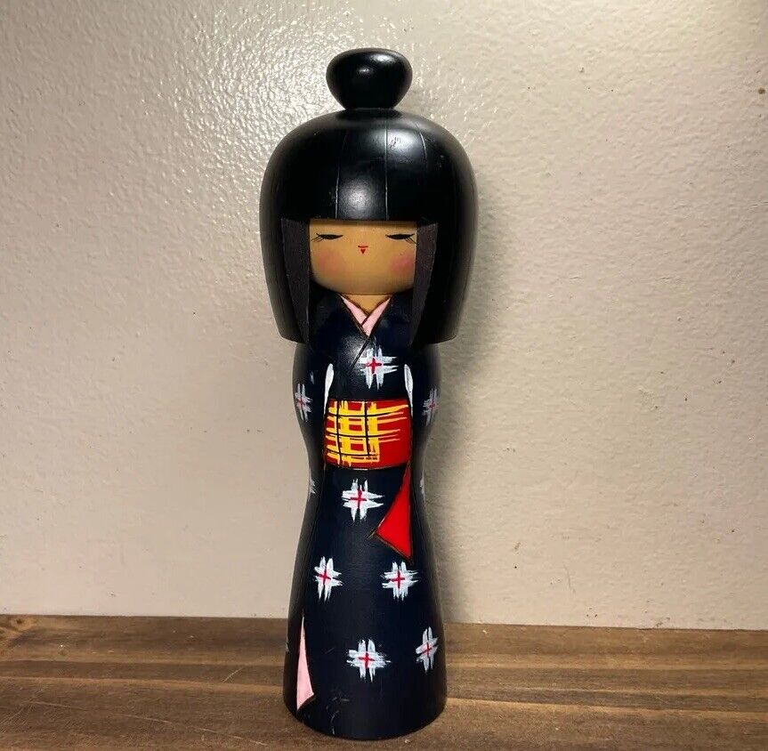 Vintage Japanese Kokeshi Hand Carved Wooden Doll Black Floral Design 8”