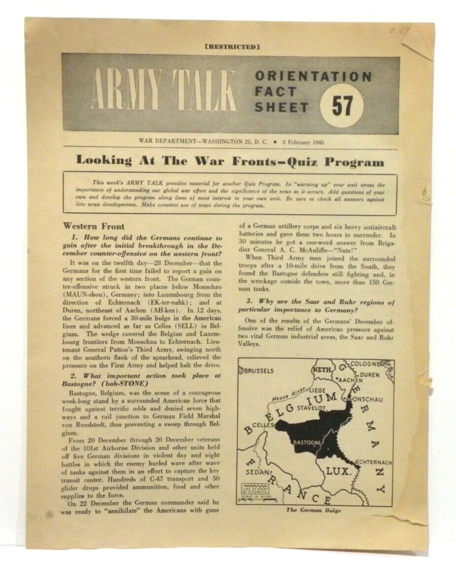 VTG WWll Feb 1945 ARMY TALK - War Department Weekly Fact Sheet # 57 - Restricted