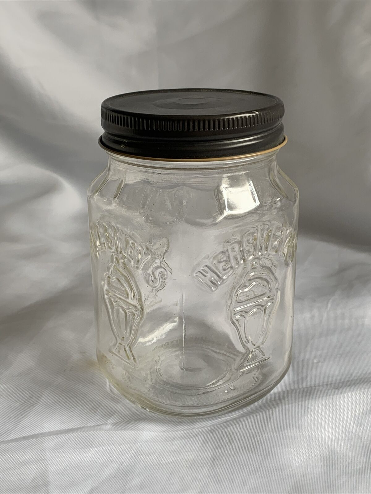 Vintage HERSEY’S Chocolate Shoppe Toppings Glass Jar w/ Metal Lid