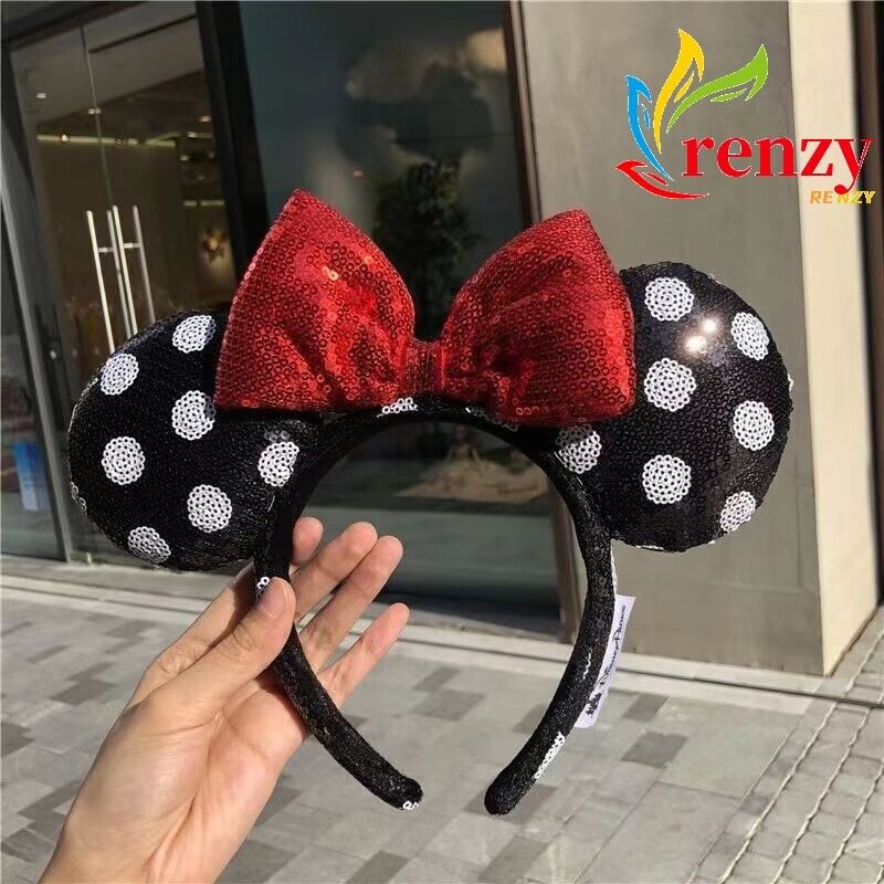 Disney Parks Minnie Mouse Sequined Black White Polka Dot Red Bow Ears Headband