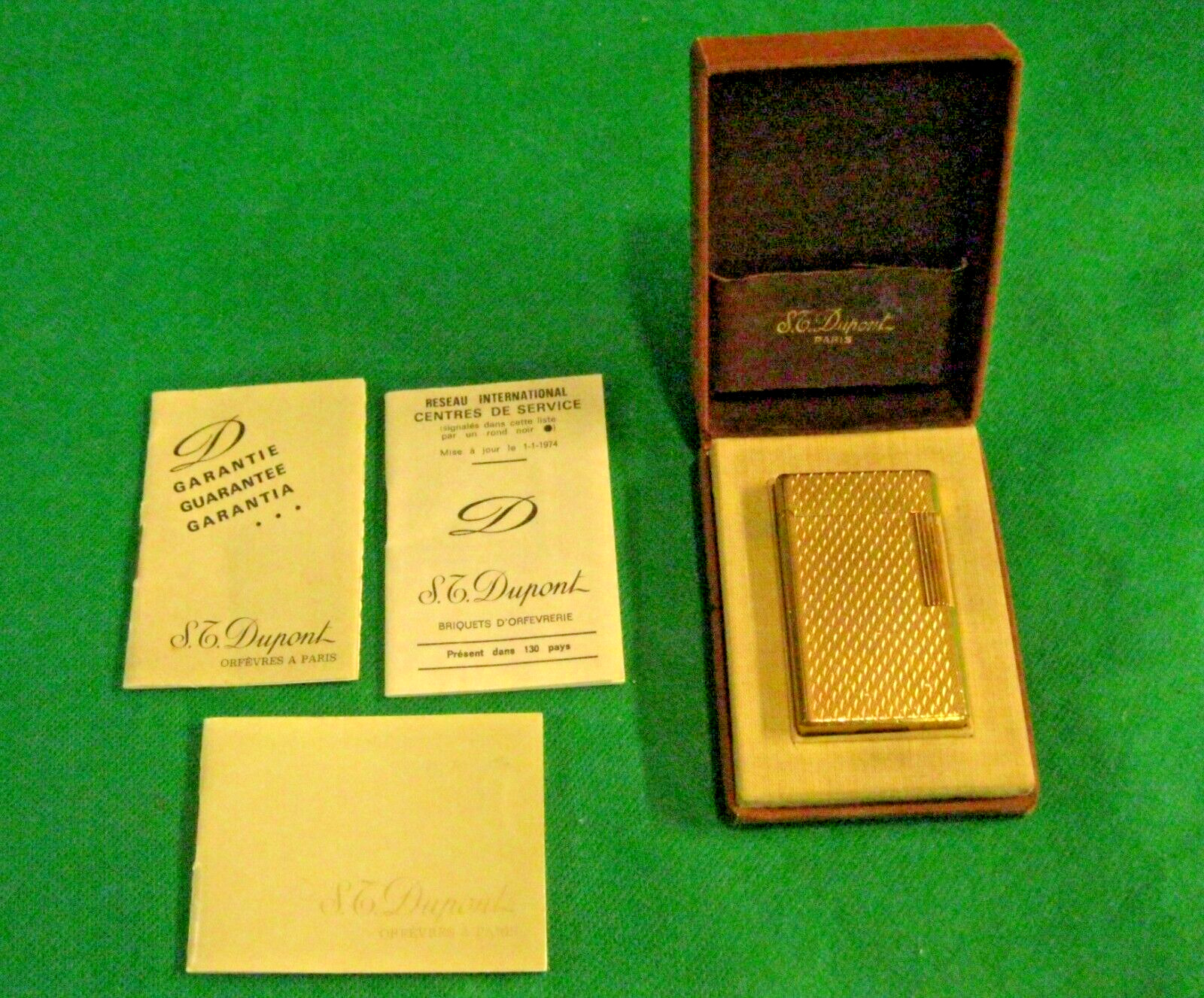 VINTAGE S.T. DUPONT 20 MIC GOLD DIAMOND PATTERN LIGHTER + Box + Papers France