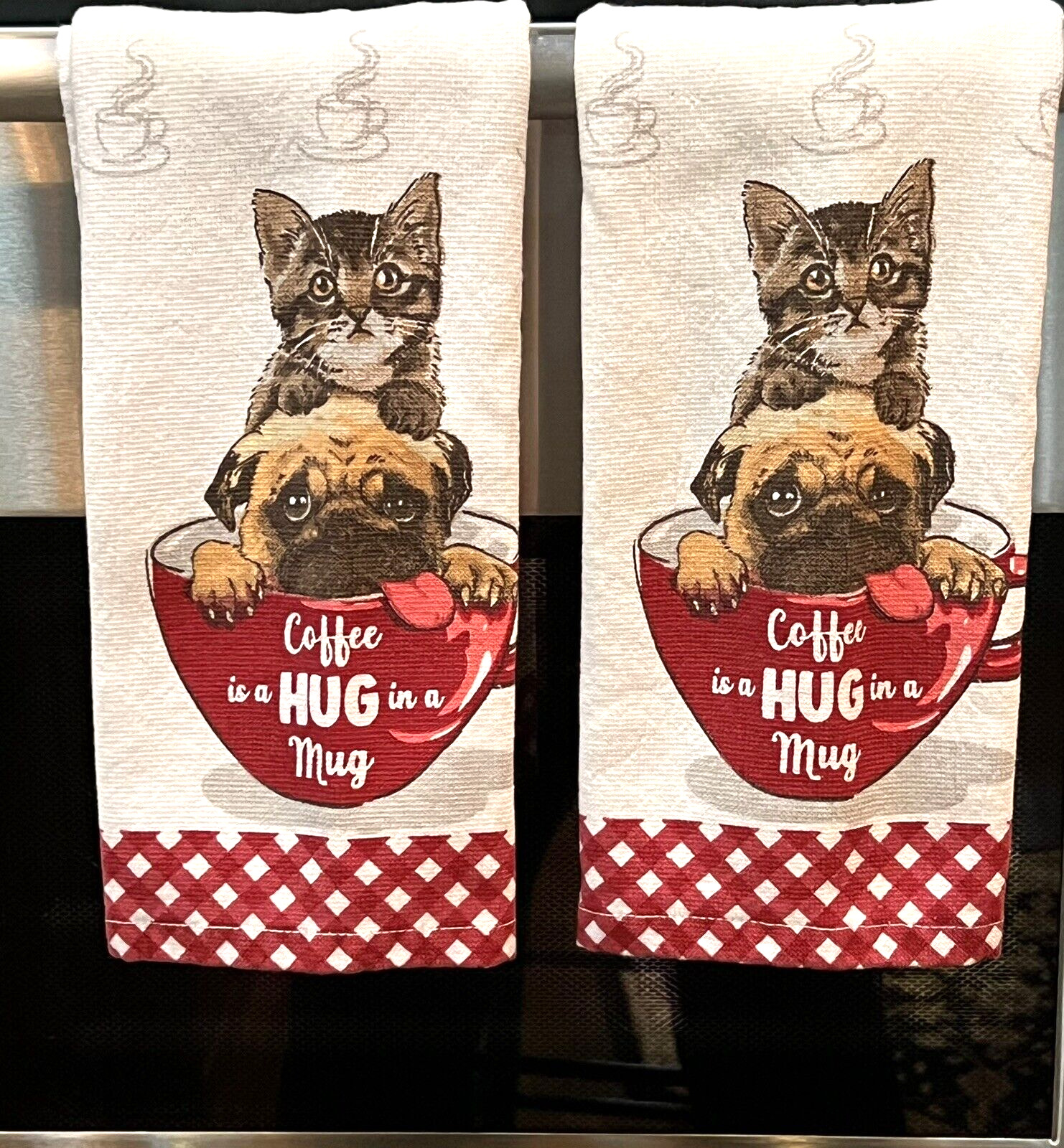 Set of 2 Kitten & Pug Dog in Cup - Coffee is a HUG in a Mug 100% cotton 16\