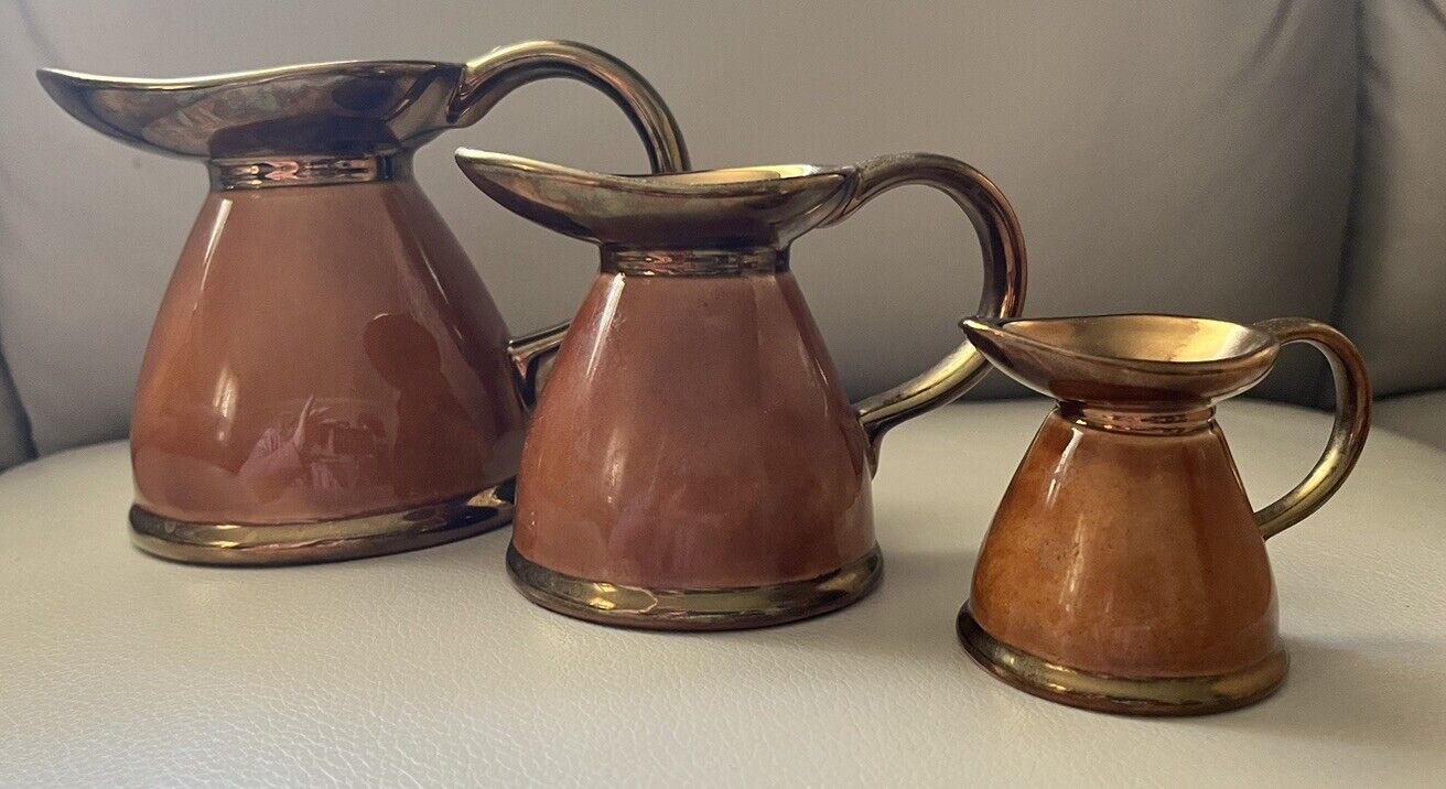 Set of 3 brown with gold Lord Nelson Pottery Pitchers / Creamers vintage