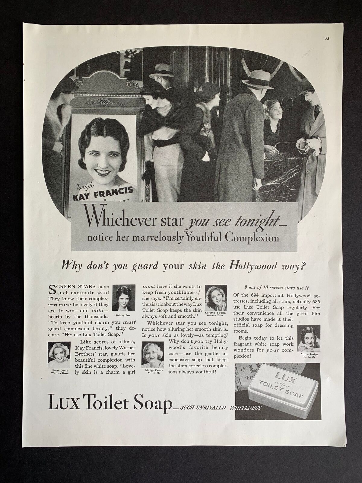 Vintage 1933 Lux Soap Kay Francis Print Ad