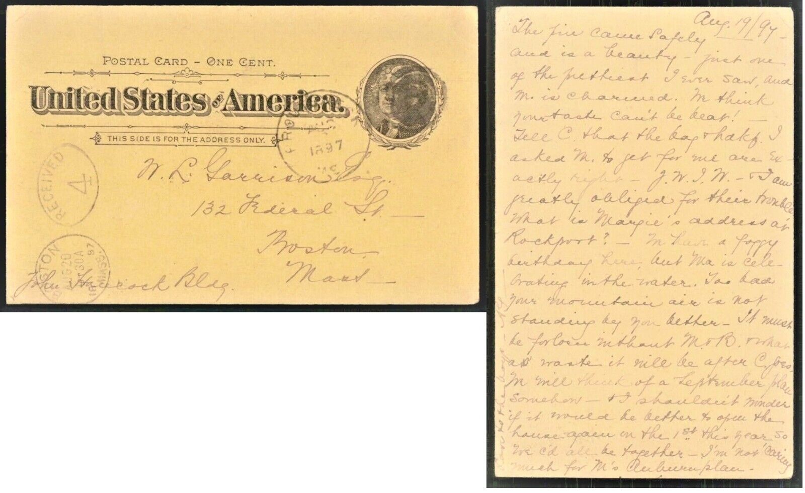 1897 USA PRE-PAID  POSTAL CARD - HAND DATED AUG 19 1897 - BOSTON CANCEL