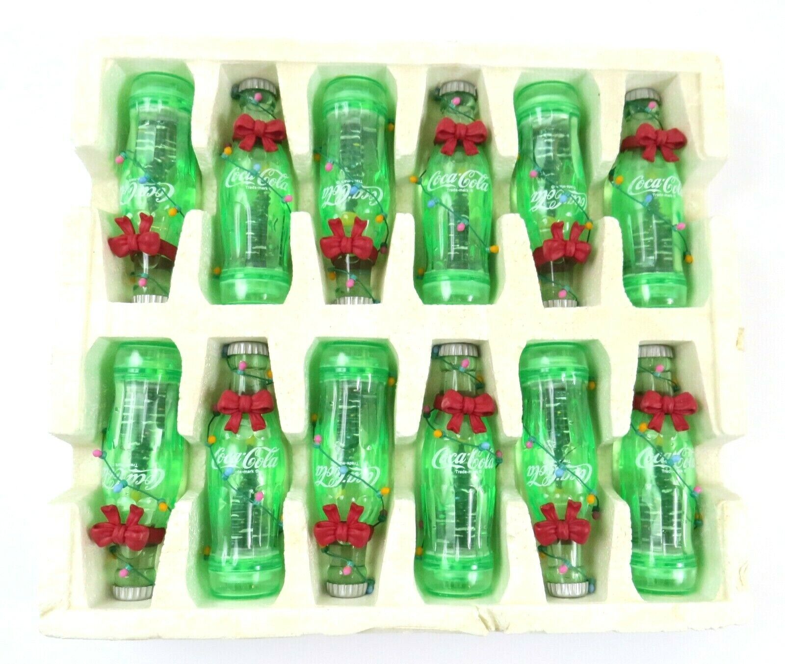 Lot of 12 Vintage 1993 Enesco Green Coke Bottles with Christmas Trees - READ