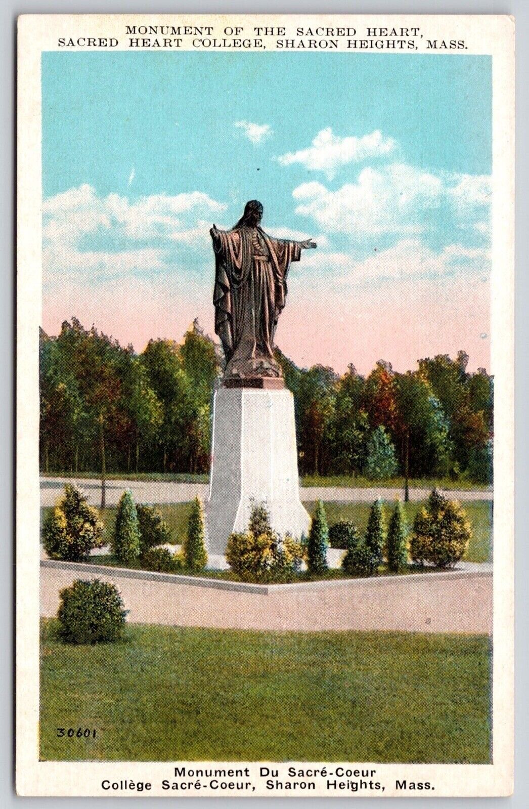 Monument Sacred Heart College Sharon Heights Massachusetts Mass Statue Postcard