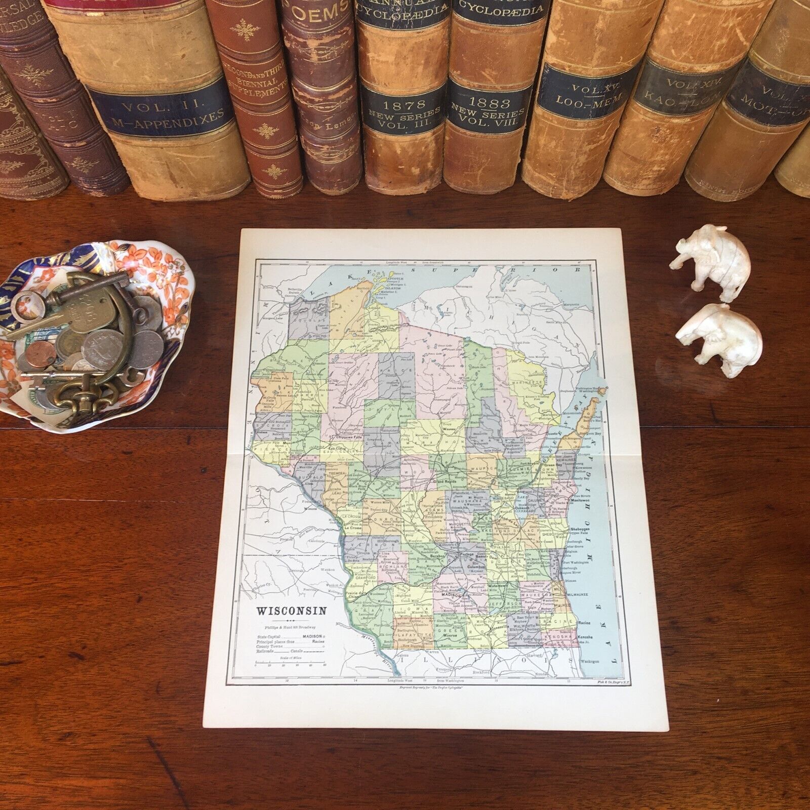 Original 1882 Antique Map WISCONSIN Racine Oshkosh Wausau Janesville Sheboygan