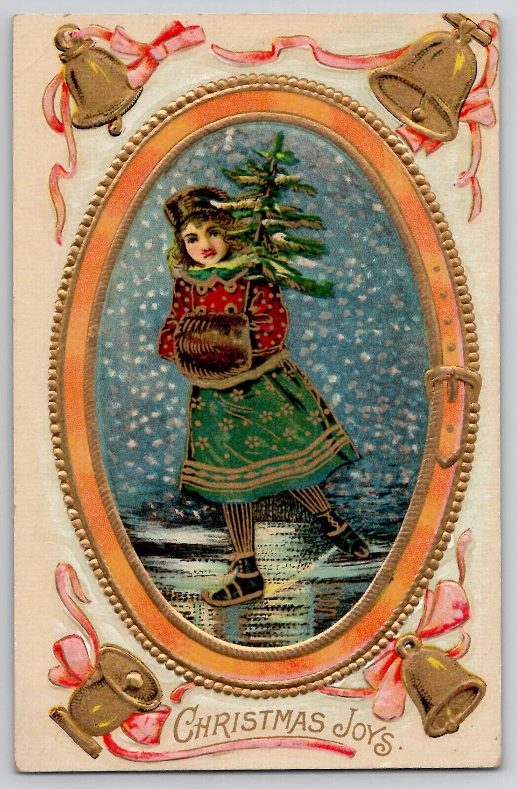 Christmas Joys Little Victorian Girl Skating Holding Tree Postcard 1910s Ser 803