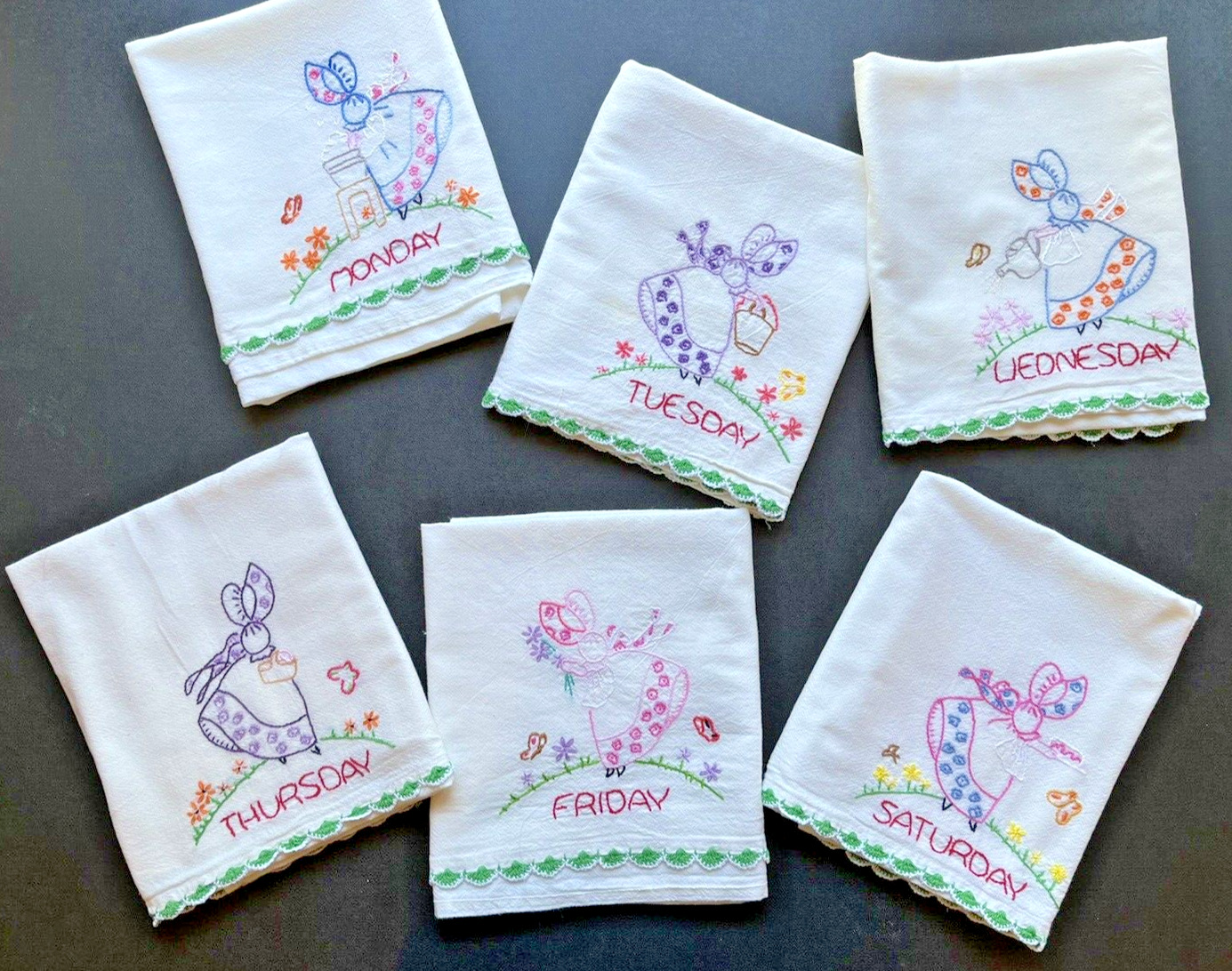 Vtg Embroidered Sun Bonnet Girls Days of The Week Kitchen Towels Flour Sack - 6