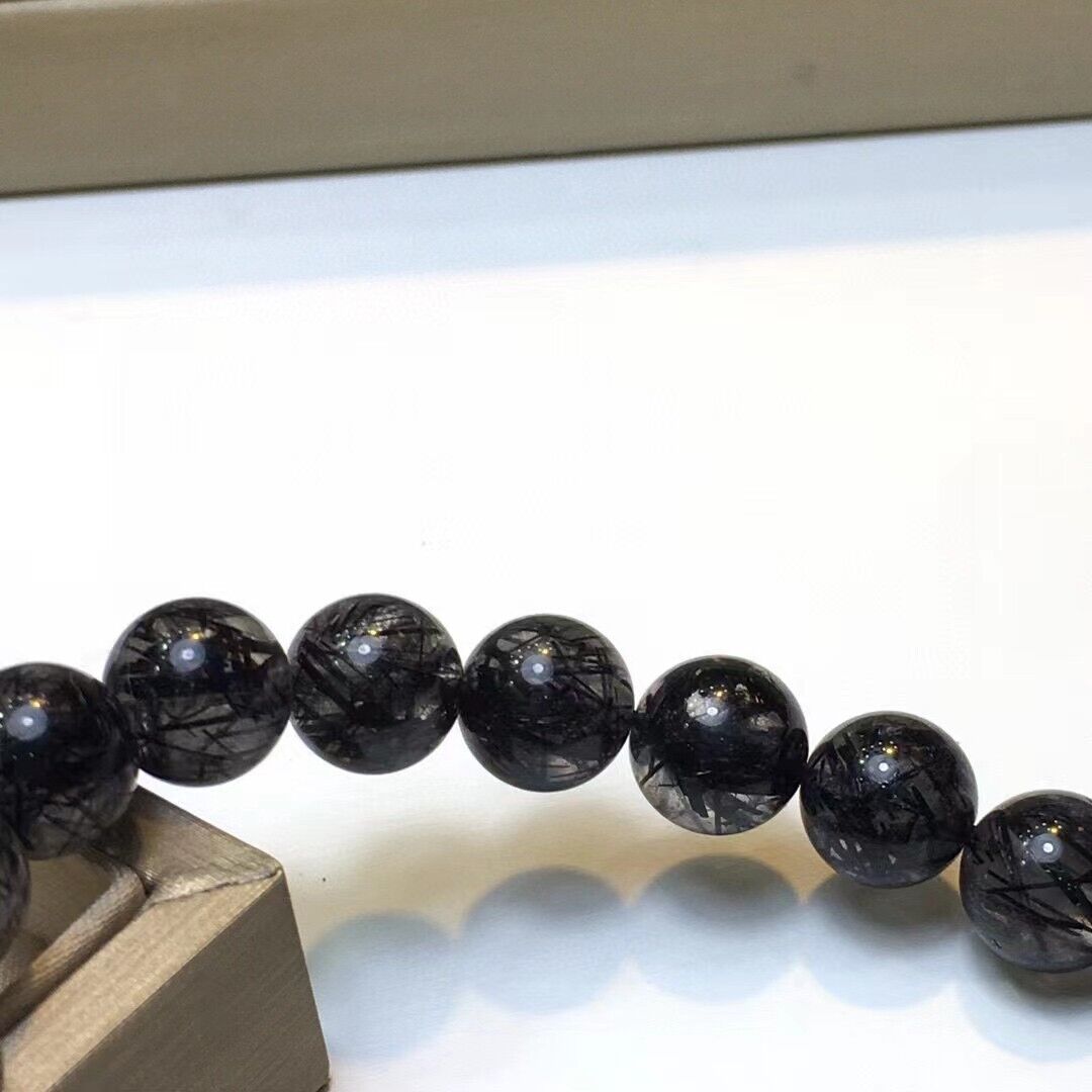 9.5mm Natural bar Black Hair Rutilated Crystal Round Beads Sphere Bracelet