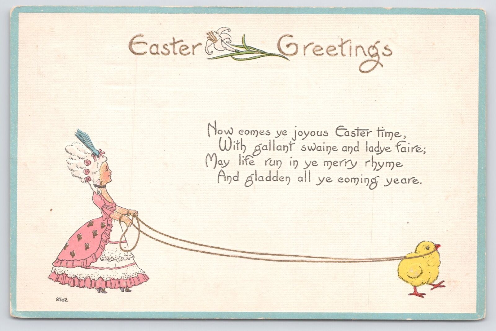 Linen~S Bergman~c1913~PM 1914~Easter Greetings~Old Fashioned Lady~Chick Pet~Vtg