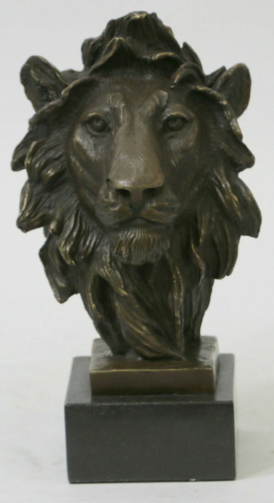 Hot Cast Signed Bronze Royal Lion Statue Sculpture Bust Marble Base Figurine Art
