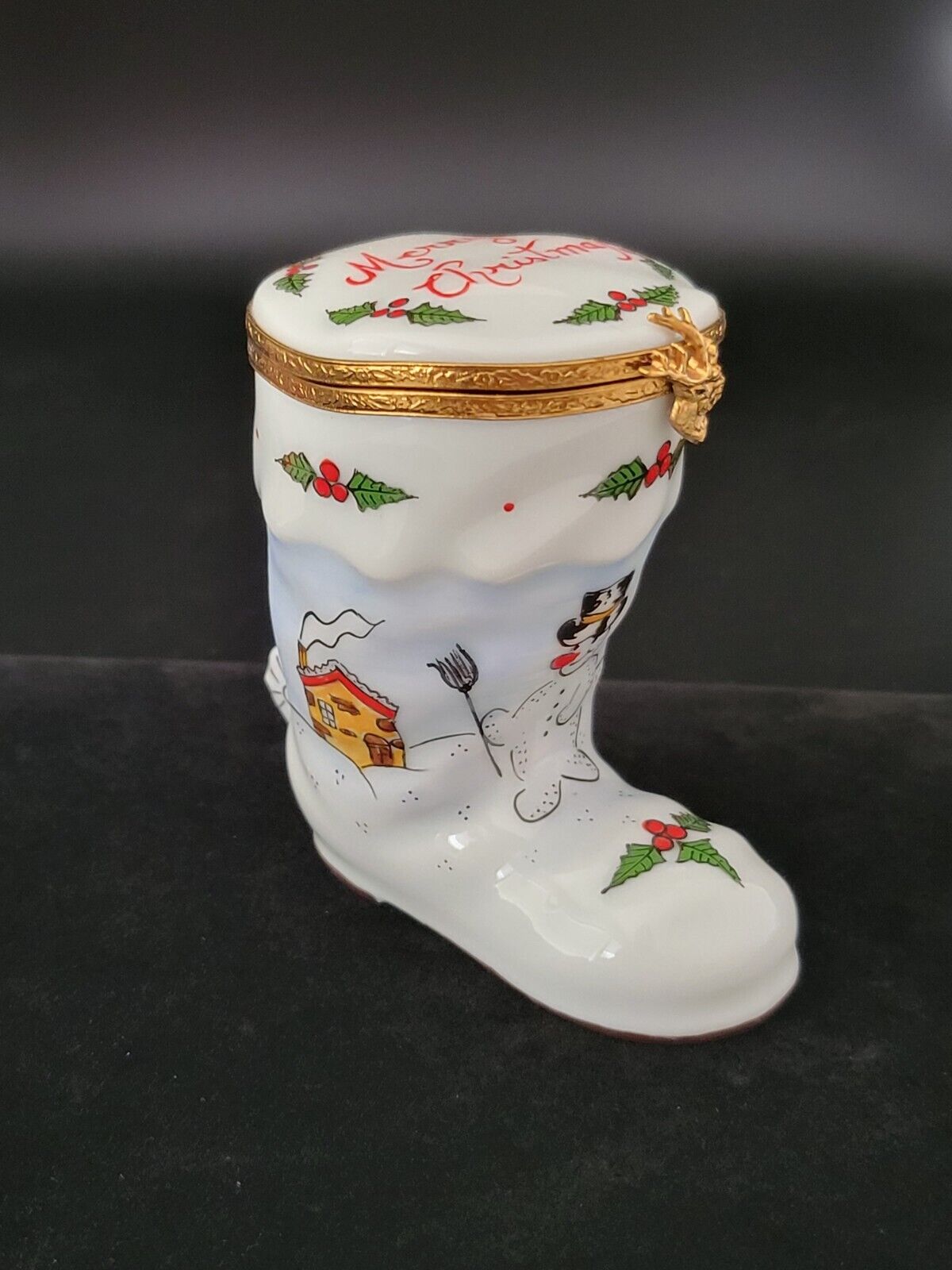 Limoges France Peint Main Christmas Santa Boot Trinket Box