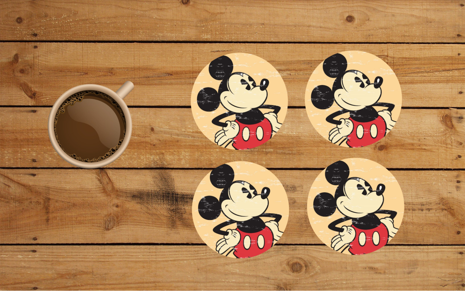 CLASSIC MICKEY MOUSE DESIGN ROUND COASTER SET OF 4 CUSTOM MADE 3.5\