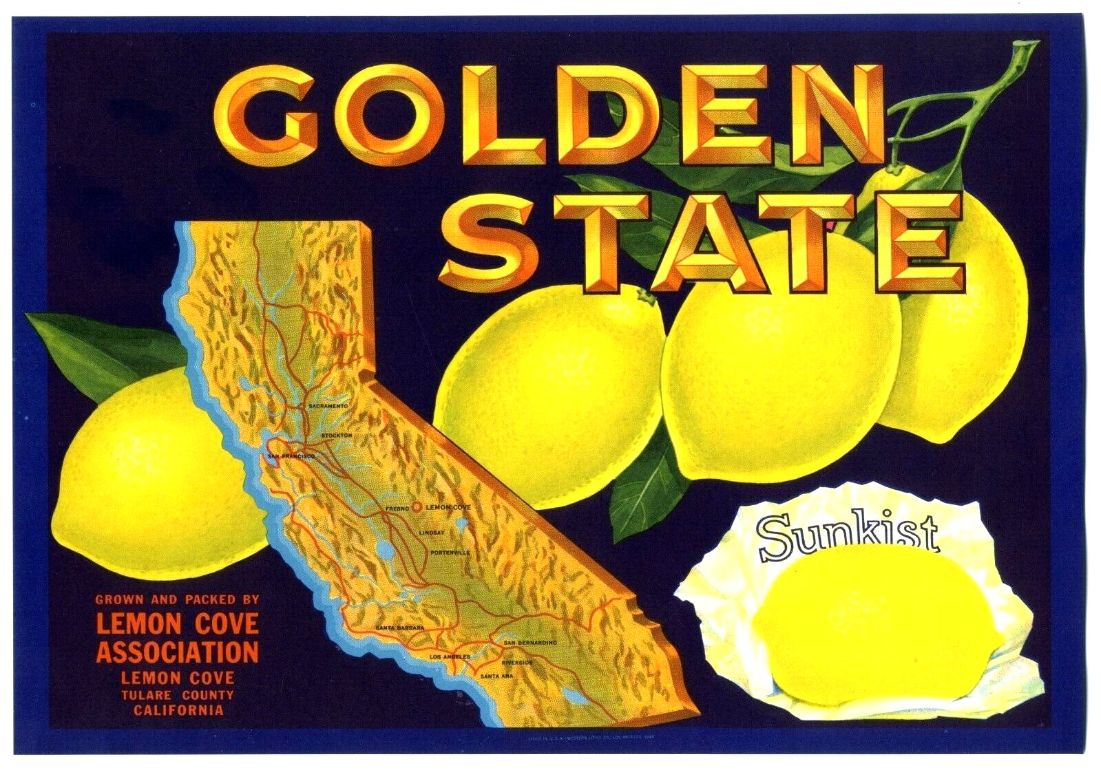 GOLDEN STATE~ORIGINAL 1930s TULARE LEMON COVE FRUIT CRATE LABEL w/CALIFORNIA MAP
