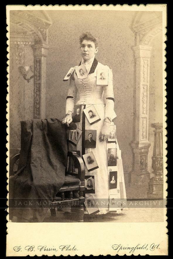 Amazing Fashion Photo Woman w cabinet Cards pinned to dress Banner Lady Int Rare