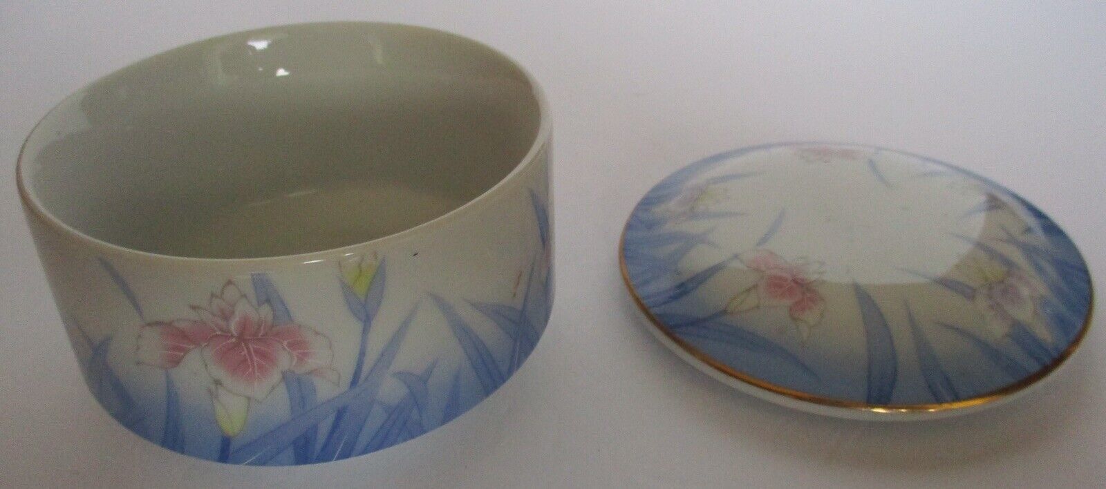 Trinket Box Blue Pink Irises Japan Signed OMC Flowers Porcelain Vintage
