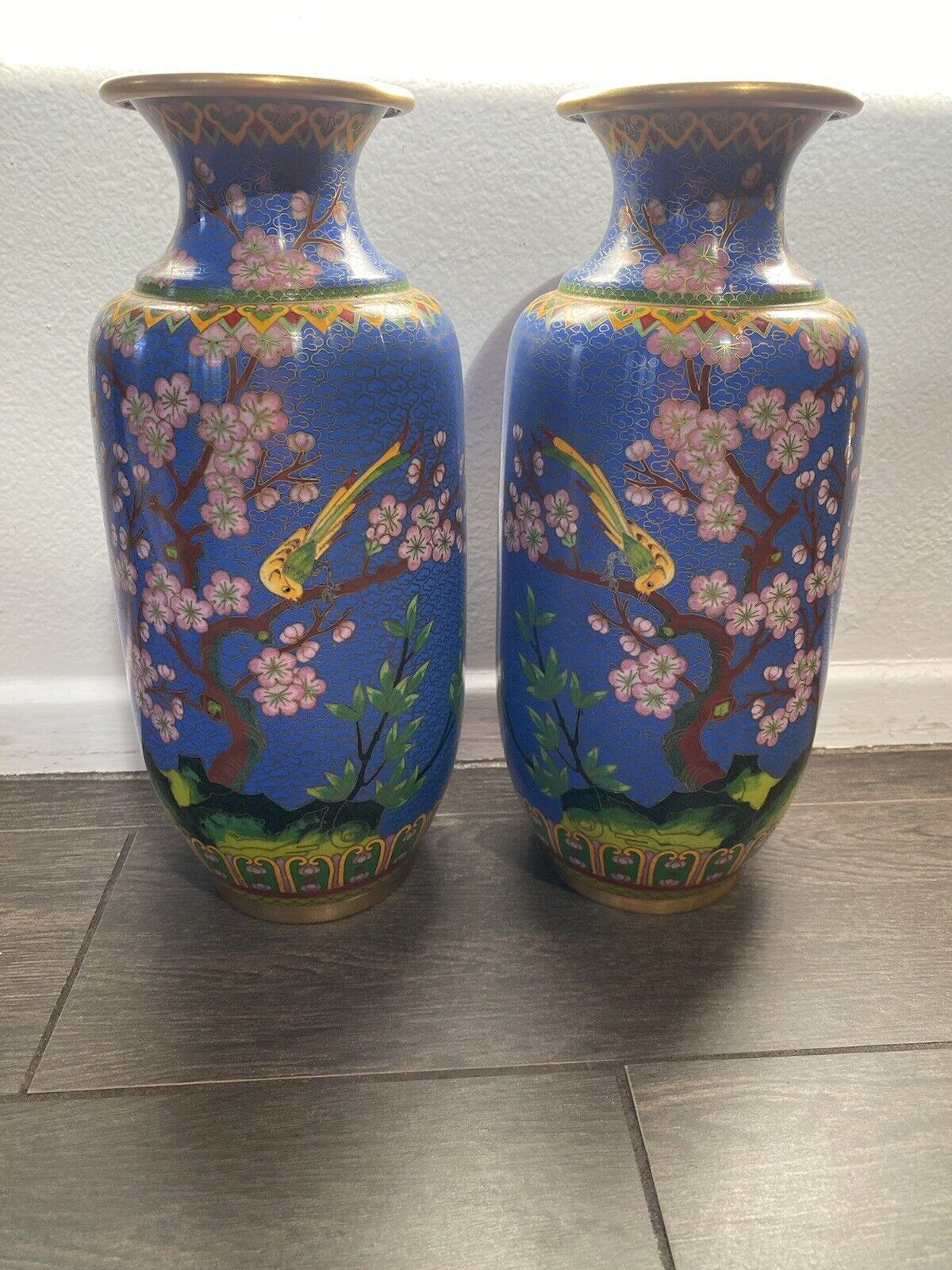 Vintage Chinese Cloisonne Floral  Cherry Blossom Blue Vases Enamel