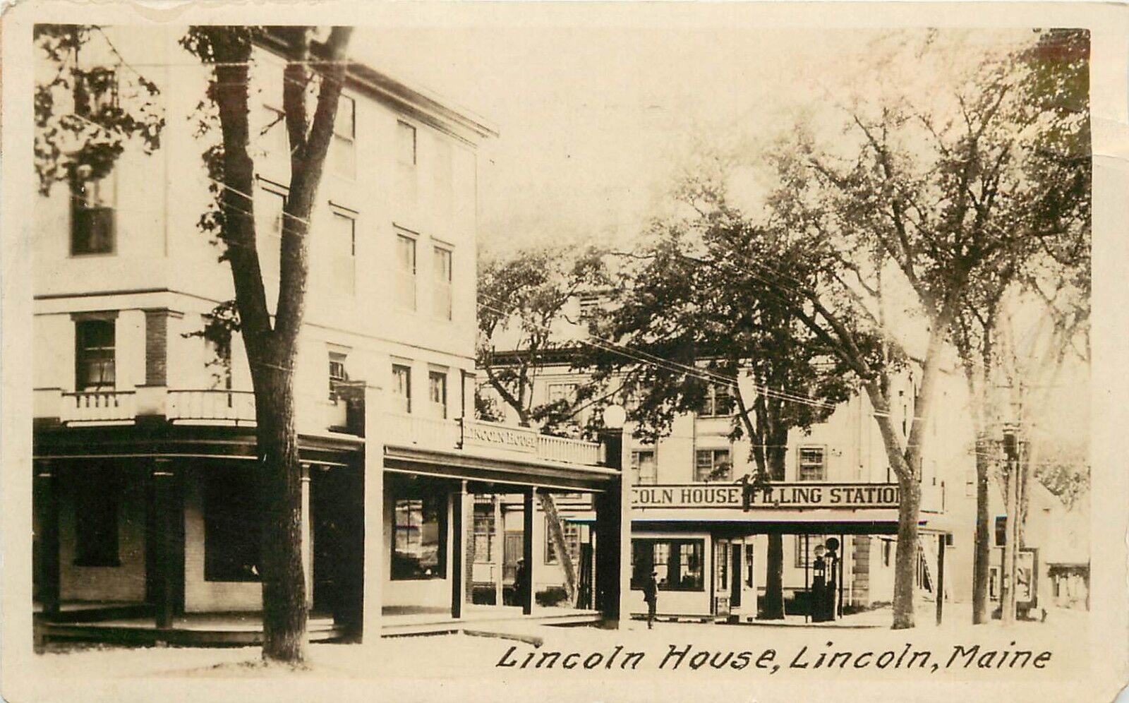 c1929 RPPC Postcard Lincoln House & Filling/ Gas Station, Lincoln ME Penobscot 